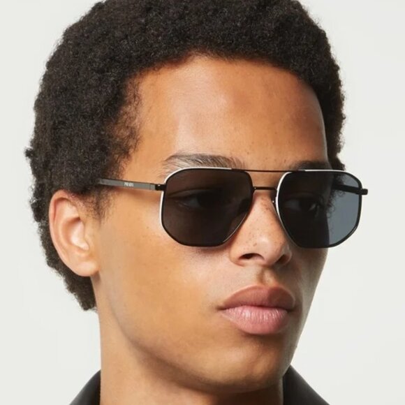 Prada Men Sunglasses Black Polarized Dark Grey Pilot PR59YS 1AB5Z1 BRAND NEW - Picture 1 of 9